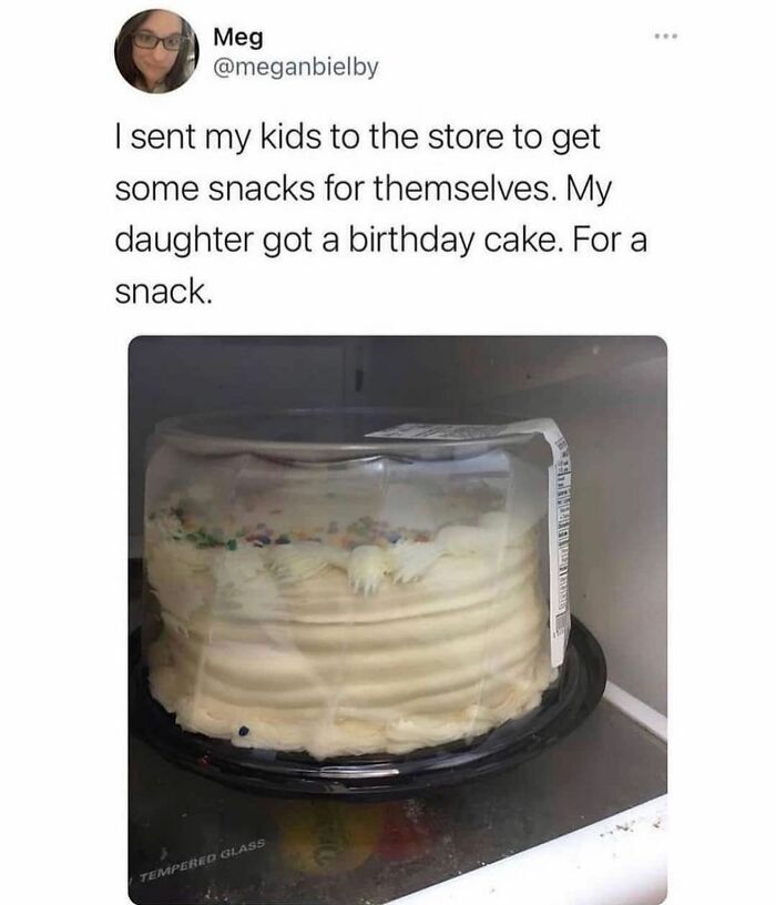 Parenting meme about kids buying a birthday cake for a snack
