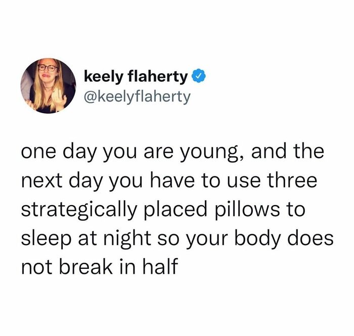 Parenting meme about using pillows at night to avoid body pain