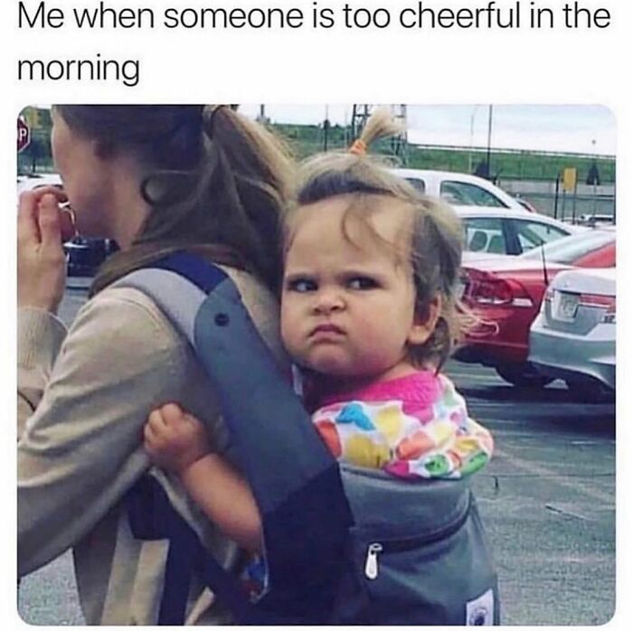 Parenting meme showing grumpy toddler carried on back too cheerful in the morning