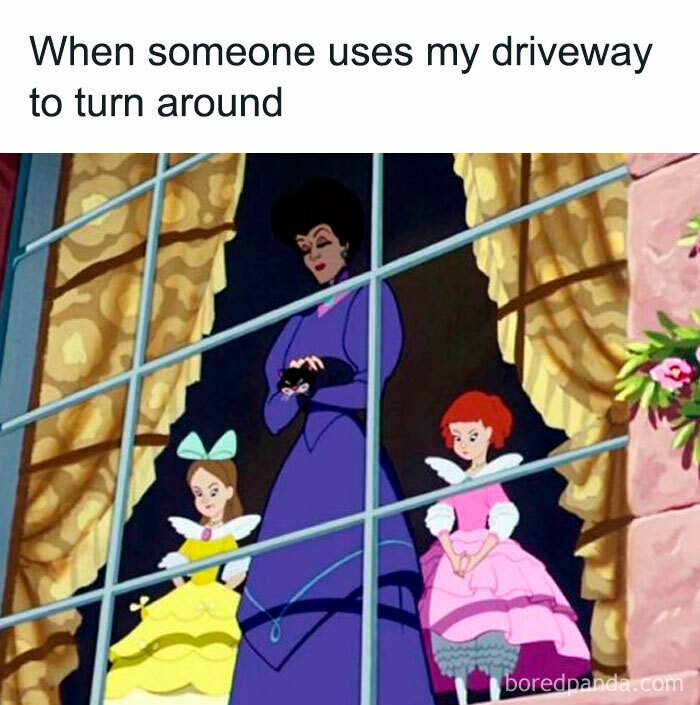 Parenting meme showing disdain when someone uses the driveway to turn around