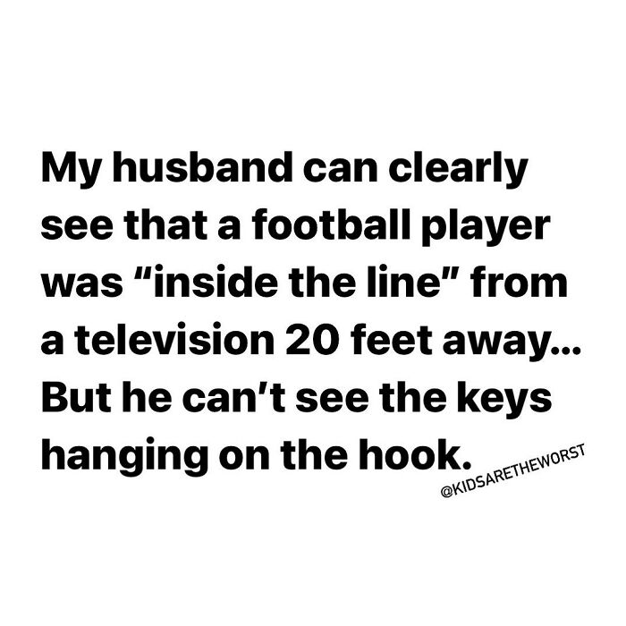 Parenting meme about husband seeing football details but not keys on hook
