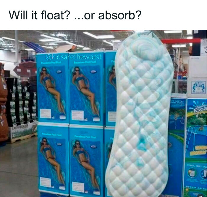 Funny parenting meme with sanitary pad and pool float comparison