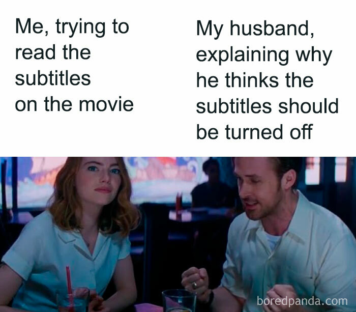 Couple discussing movie subtitles with parenting meme caption