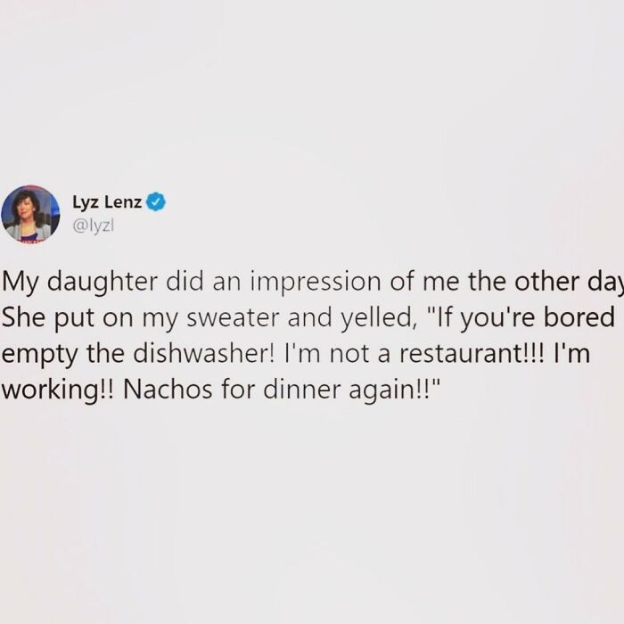 Parenting meme about a daughter's impression mimicking a parent's busy mom routine