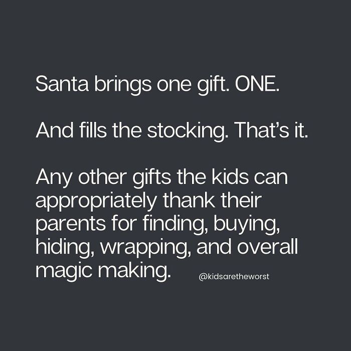 Parenting meme about Santa bringing one gift and parents handling other presents