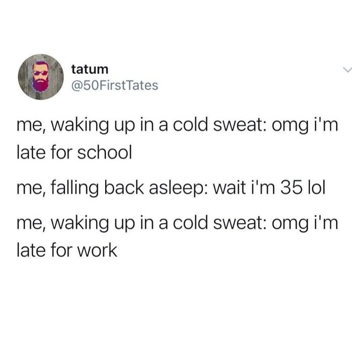 Relatable parenting meme about waking up late for school or work.