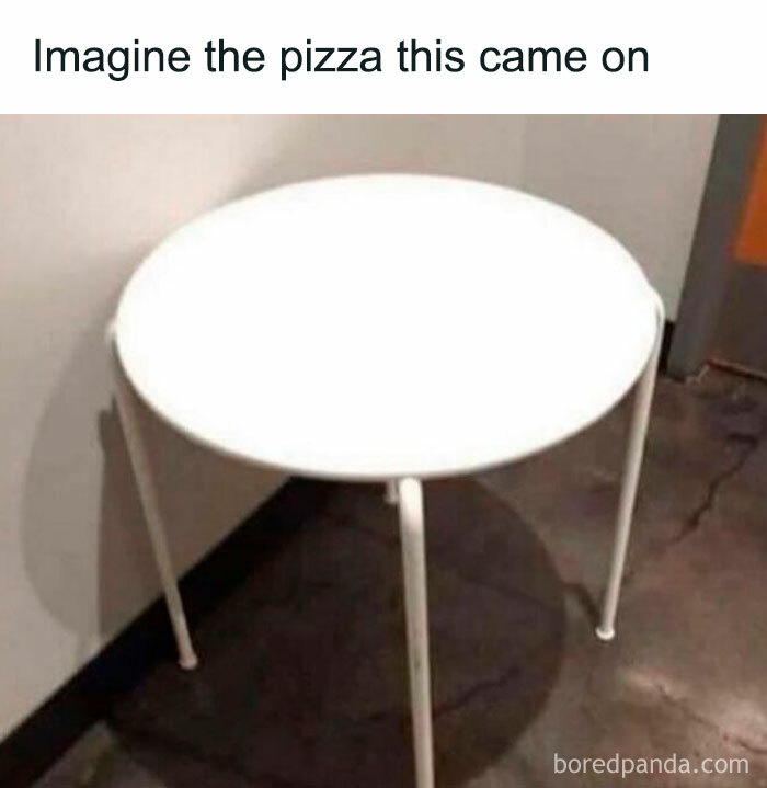 Round white table meme highlighting awkward pizza delivery scenario
