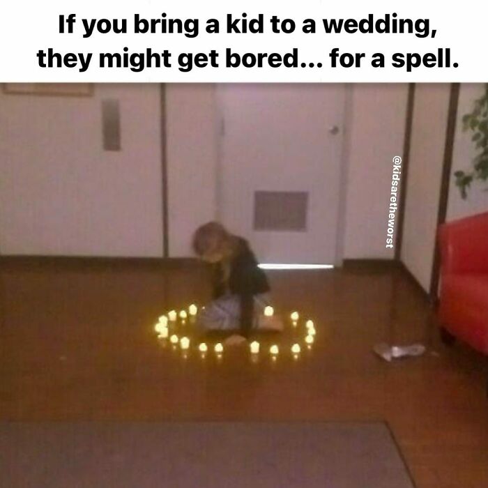 Parenting meme of a child sitting in a circle of candles at a wedding to avoid boredom