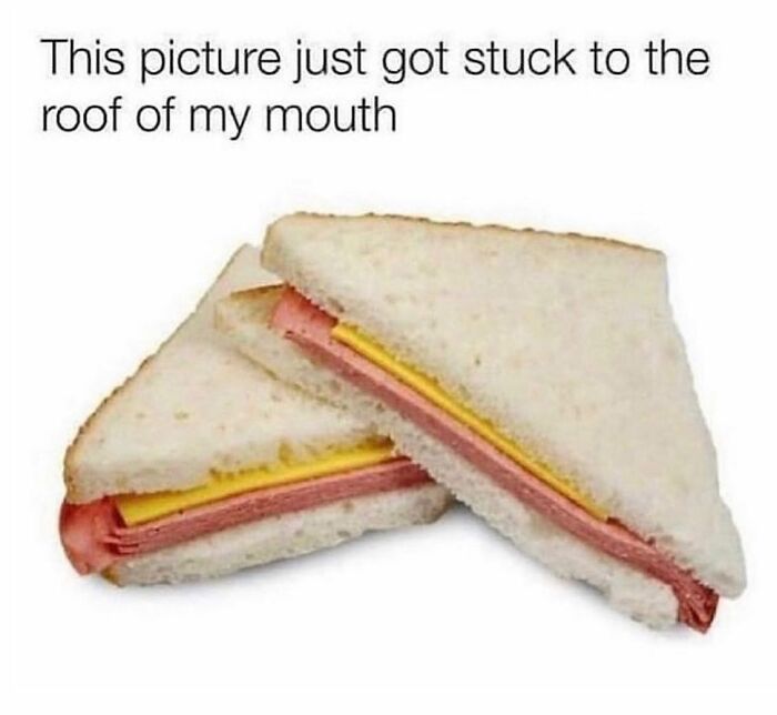 Parenting meme with sandwich image and caption about food stuck on mouth roof