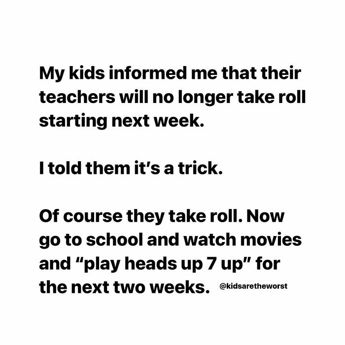Text parenting meme about kids tricking teachers on roll call