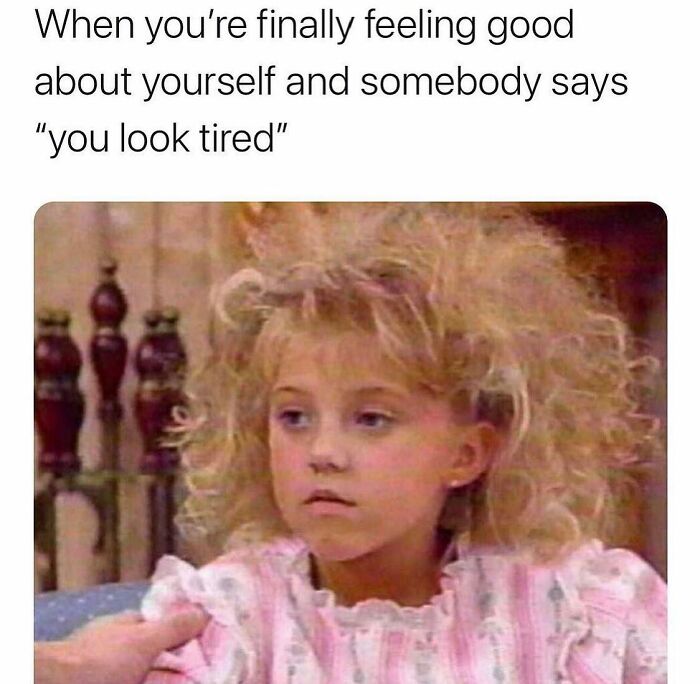 Parenting meme of tired child with messy hair captioned about feeling tired