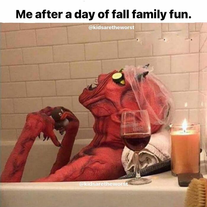 Funny parenting meme showing exhausted devil character relaxing after fall family fun