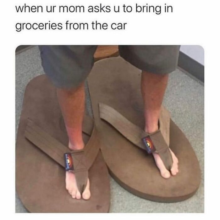 Funny parenting meme showing huge flip-flops for bringing groceries.