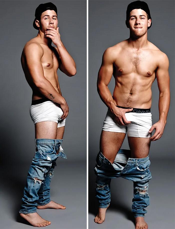 Nick Jonas recreating Mark Wahlberg Calvin Klein underwear ad in white briefs Nick Jonas recreating Mark Wahlberg Calvin Klein underwear ad in white briefs