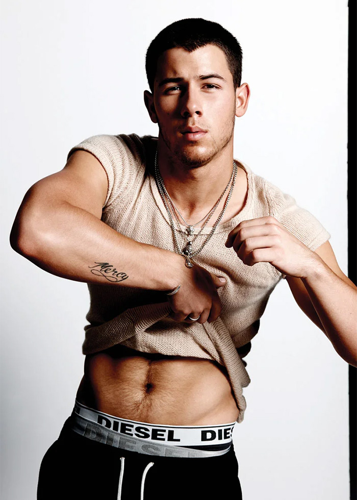 Nick Jonas in iconic Calvin Klein underwear ad with Diesel waistband showing Nick Jonas in iconic Calvin Klein underwear ad with Diesel waistband showing