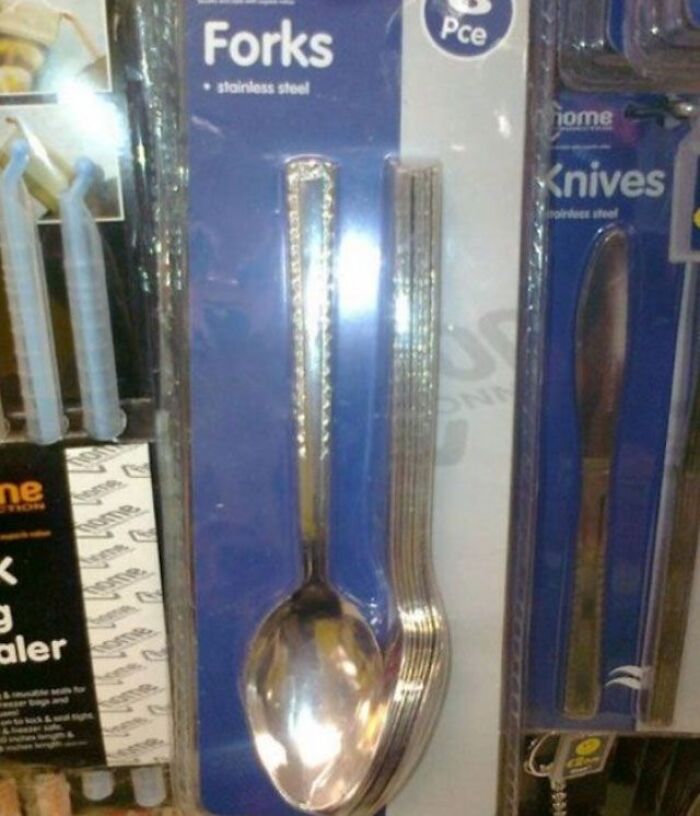 A package labeled Forks containing a spoon and two forks, an obvious You Had One Job fail.
