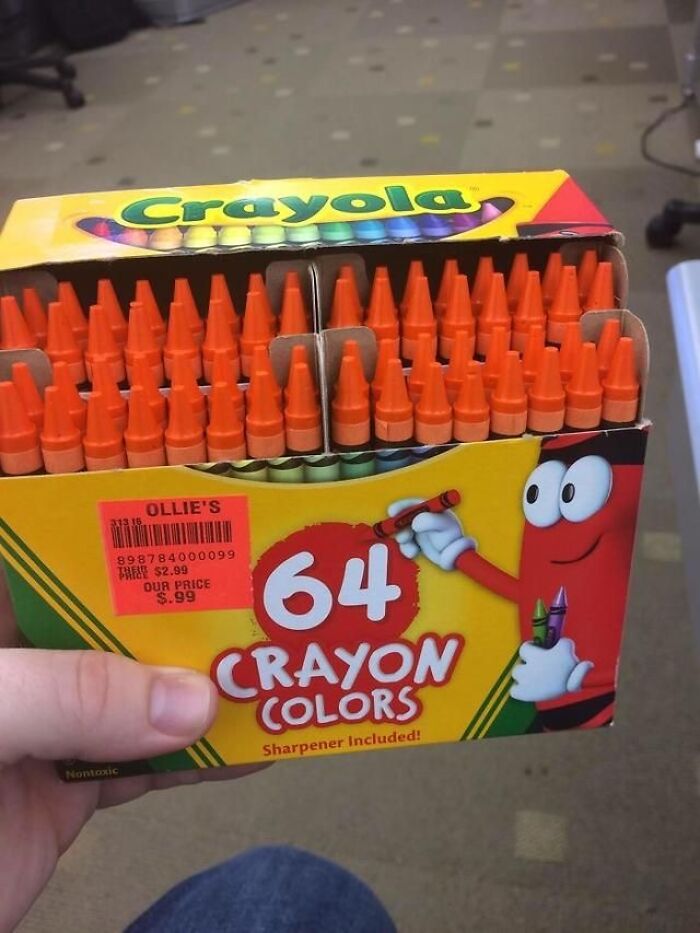 A box of Crayola crayons that says 64 colors, but all crayons are orange, a You Had One Job fail.