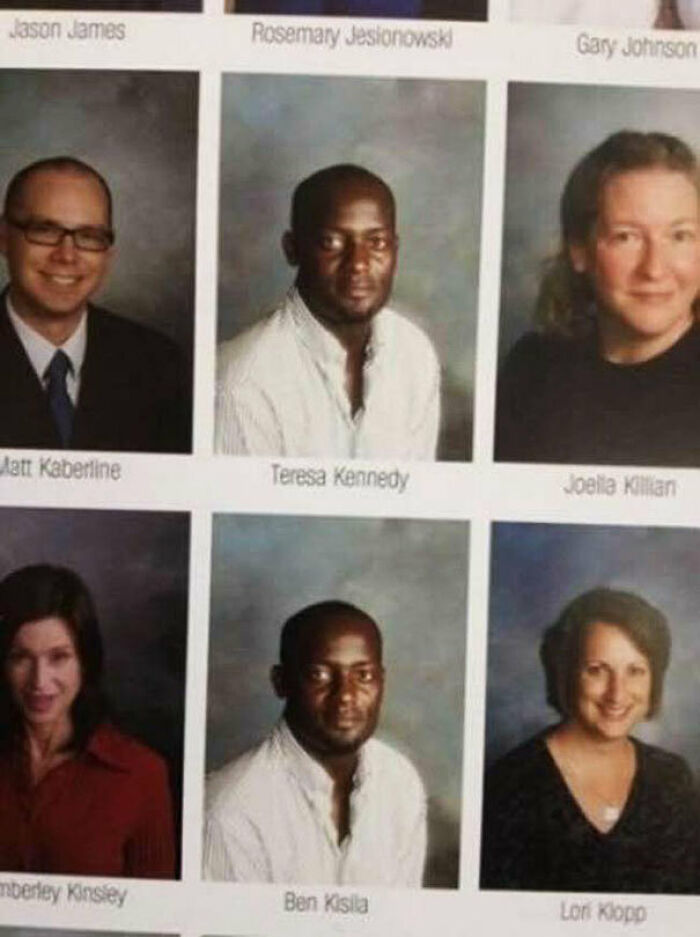 A yearbook fail with multiple duplicate photos of the same person appearing under different names, showing a common sense oversight.