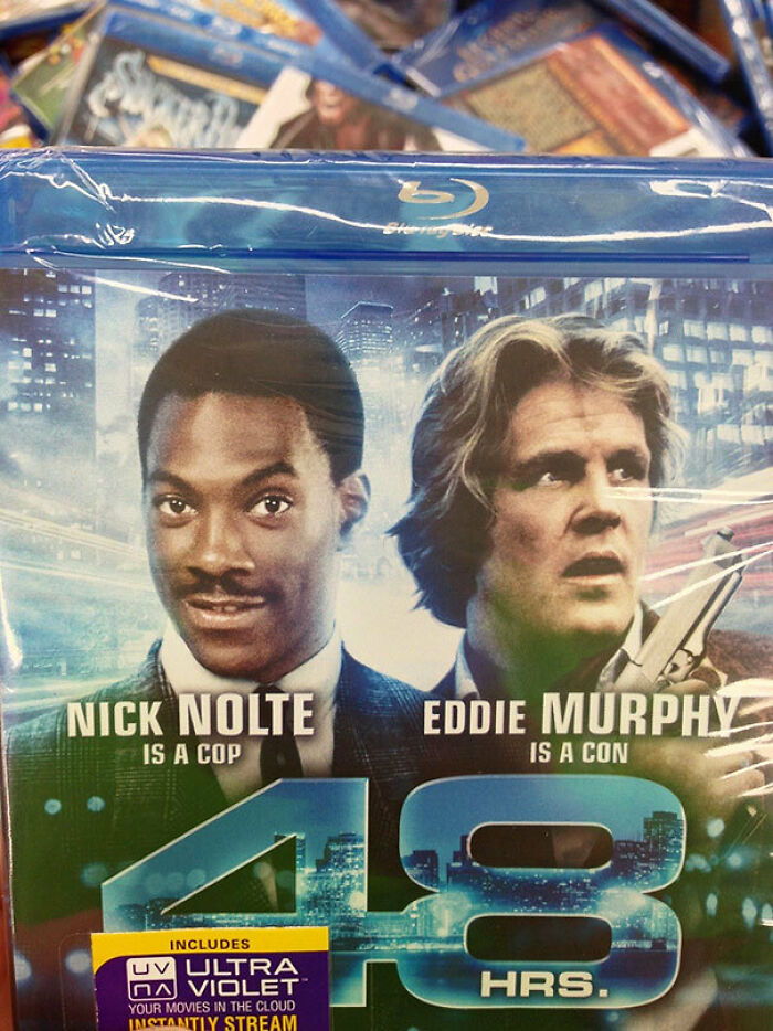 A DVD cover for the movie 48 Hrs. with Eddie Murphy and Nick Nolte, showing a You Had One Job fail.