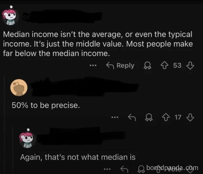 A social media exchange defining median income, resulting in an iconic self-burn.