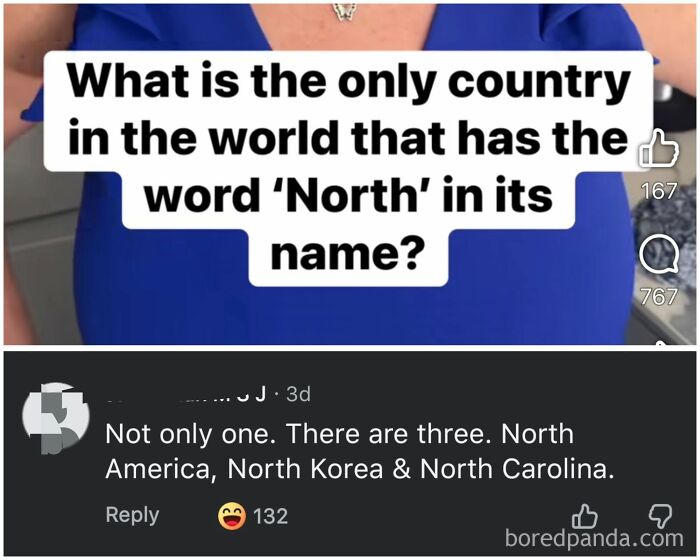 A question about countries with North in their name, followed by a humorous self-burn of incorrect answers.