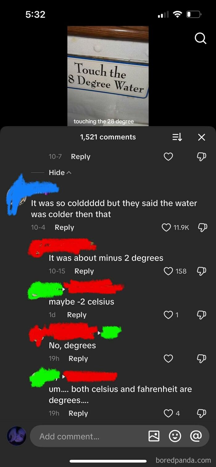 A video about touching 8 degree water, with comments showing iconic self-burns about temperature units.