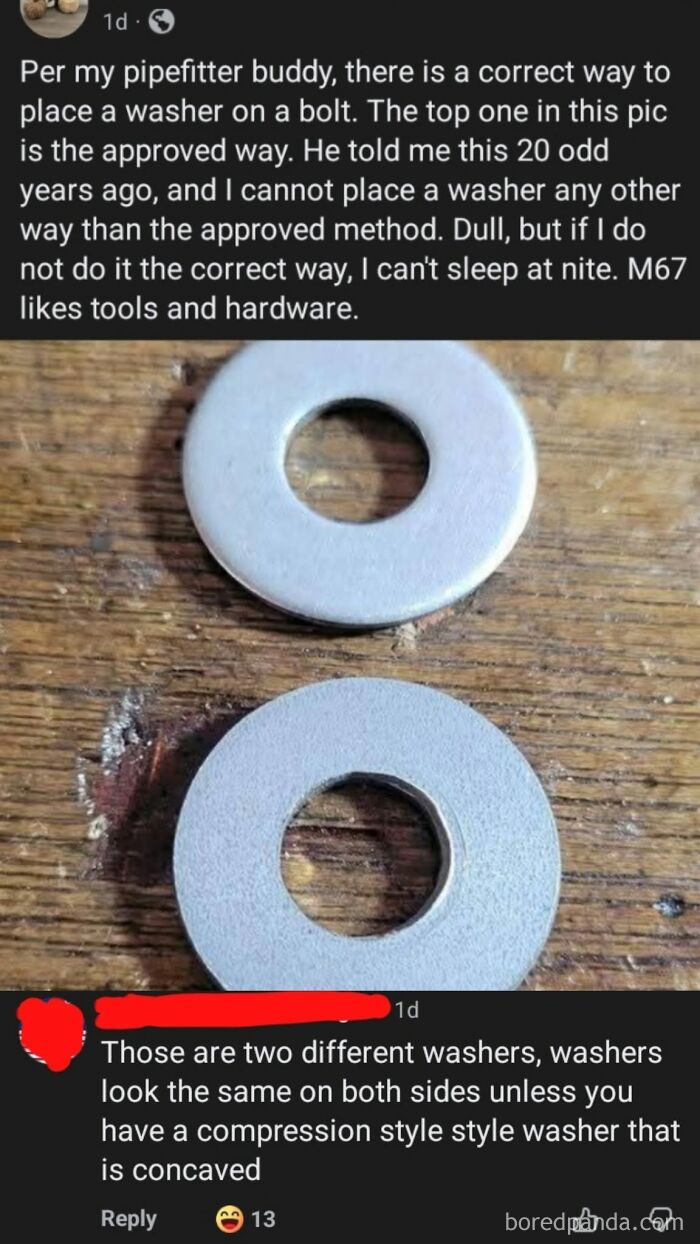 A social media post with a debate about fixing a washer correctly, showcasing an iconic self-burn.