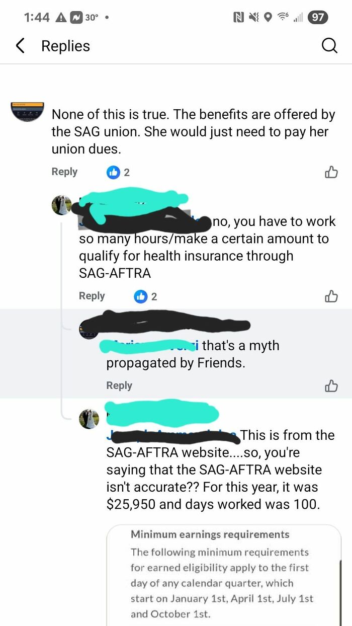 A social media thread showcasing an iconic self-burn regarding SAG-AFTRA health insurance requirements.