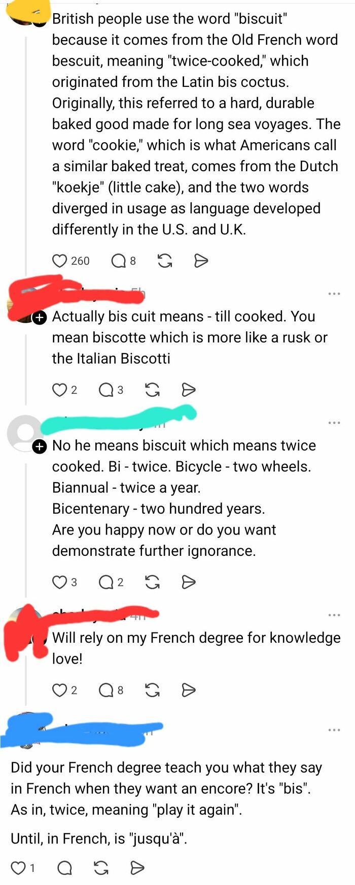 An iconic self-burn moment in a social media conversation, with users debating the etymology of biscuit and French language terms.