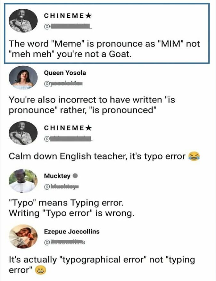 A social media conversation featuring multiple iconic self-burns about grammar and definitions, showcasing a humorous display of stupidity.