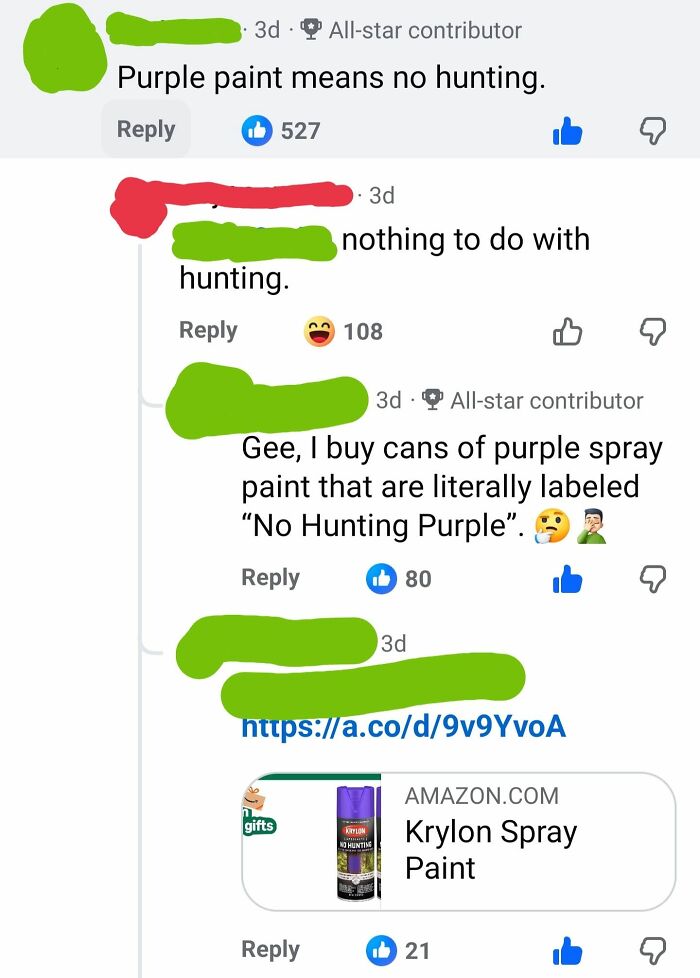 A social media thread with an iconic self-burn where someone claims purple paint means no hunting, exposing a moment of stupidity.
