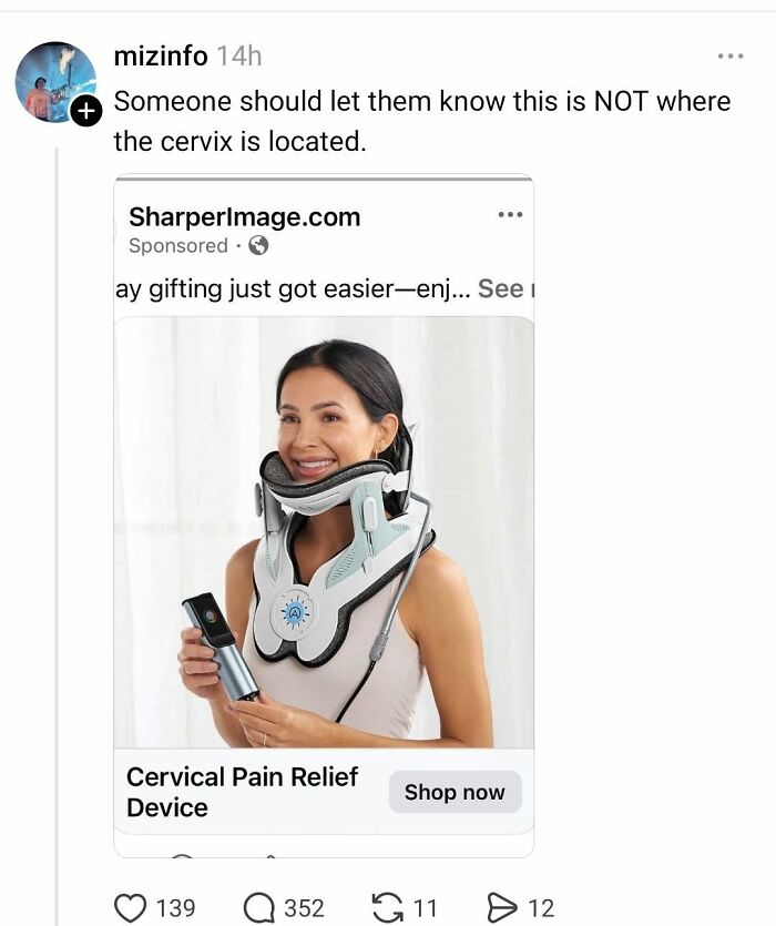 A social media post featuring an iconic self-burn, pointing out the incorrect placement of a Cervical Pain Relief Device and highlighting stupidity.