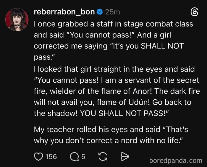 A social media post with a person making a self-burn about correcting a nerd in stage combat class.
