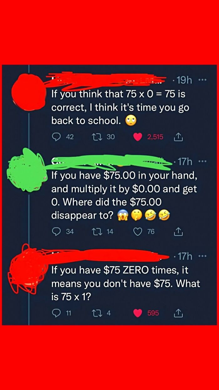 A social media exchange showcasing an iconic self-burn related to a basic math problem, highlighting moments of stupidity.