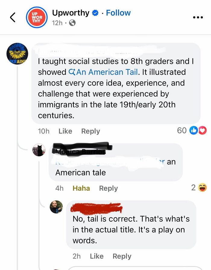 An iconic self-burn from a social media post where someone misunderstands 'An American Tail' as 'An American Tale,' illustrating stupidity.
