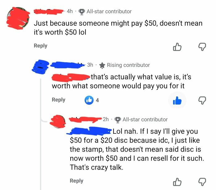 A comment section debate showing iconic self-burns on the true meaning of value, with users presenting different views in an iconic self-burn style.