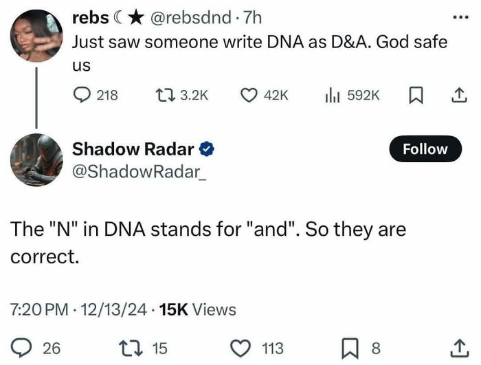 A Twitter exchange featuring iconic self-burns where a user incorrectly states the N in DNA stands for and, exemplifying iconic self-burns.