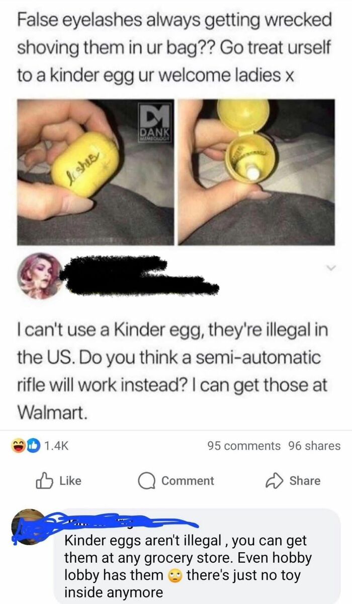 A social media post with iconic self-burns about using Kinder eggs to store false eyelashes, sparking a debate about their legality and the meaning of self-burns.