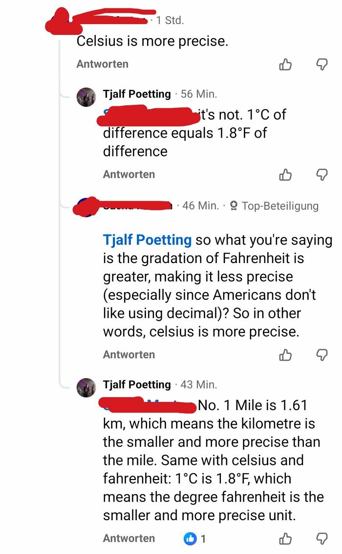 An iconic self-burn from a social media comment thread about the precision of Celsius versus Fahrenheit.