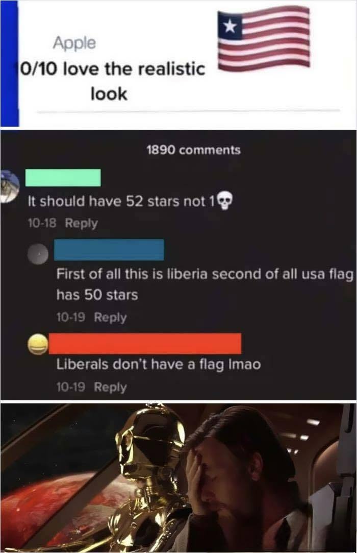 A humorous image featuring an iconic self-burn about a Liberian flag mistaken for an American flag.
