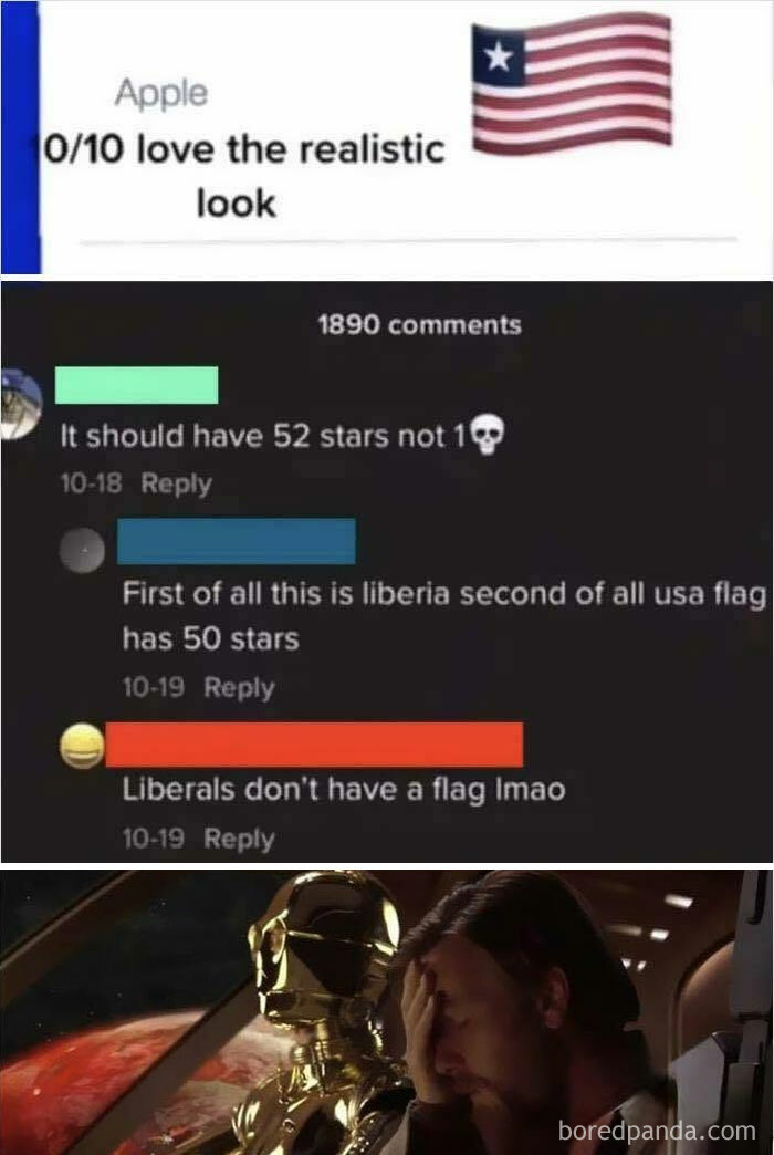 A humorous image featuring an iconic self-burn about a Liberian flag mistaken for an American flag.