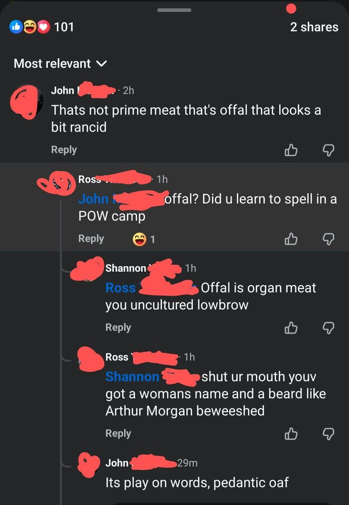 A social media thread showcasing iconic self-burns about offal meat and derogatory comments, igniting a discussion.