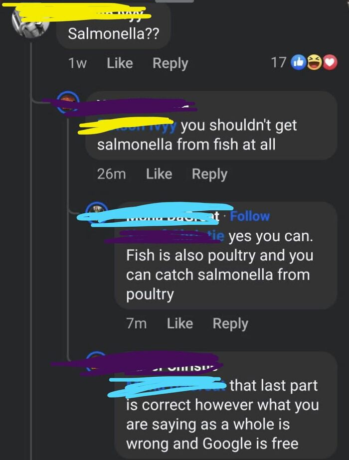 A social media thread where people show iconic self-burns about salmonella and fish, incorrectly linking them.