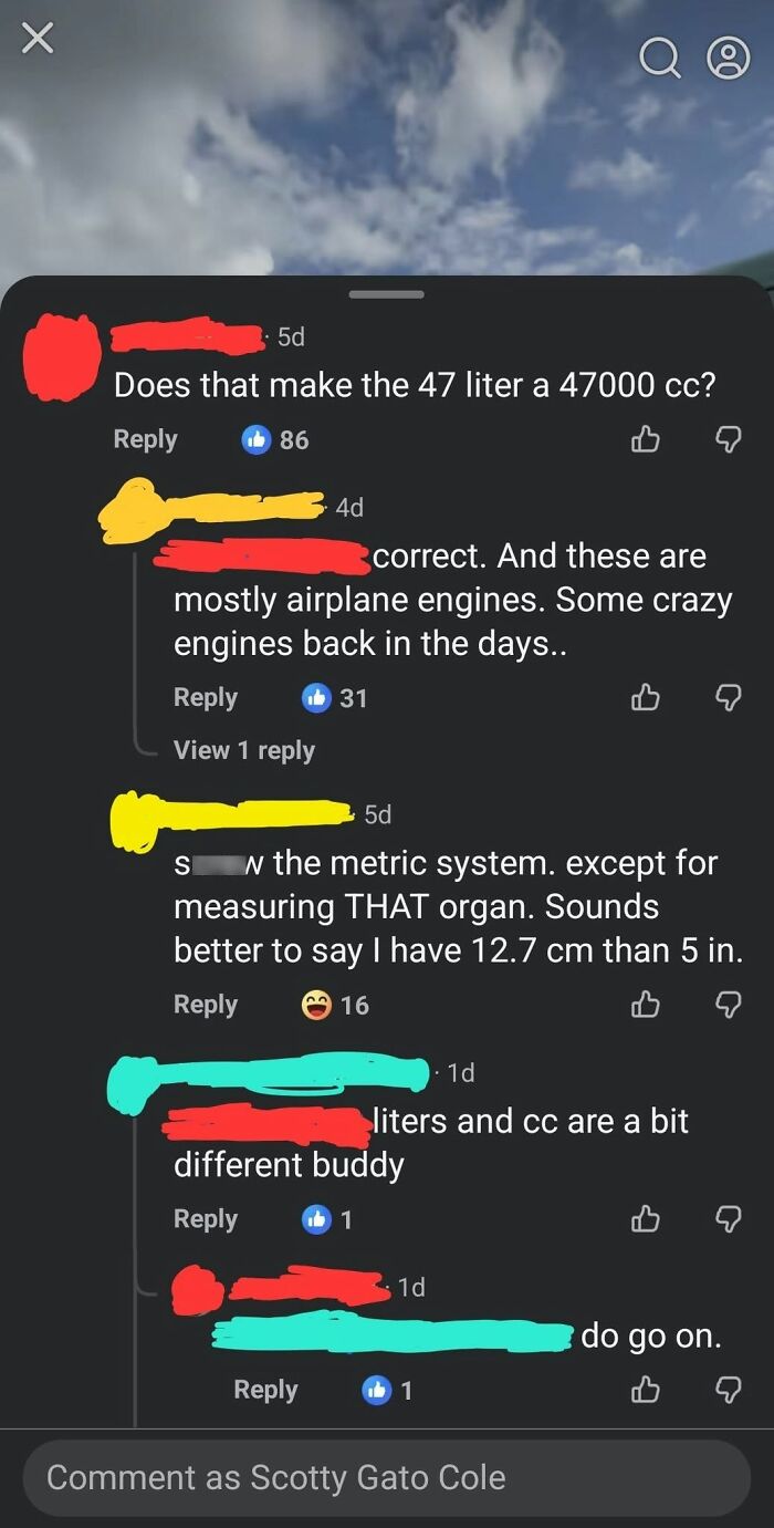A social media screenshot with iconic self-burns discussing metric system conversions for engines.