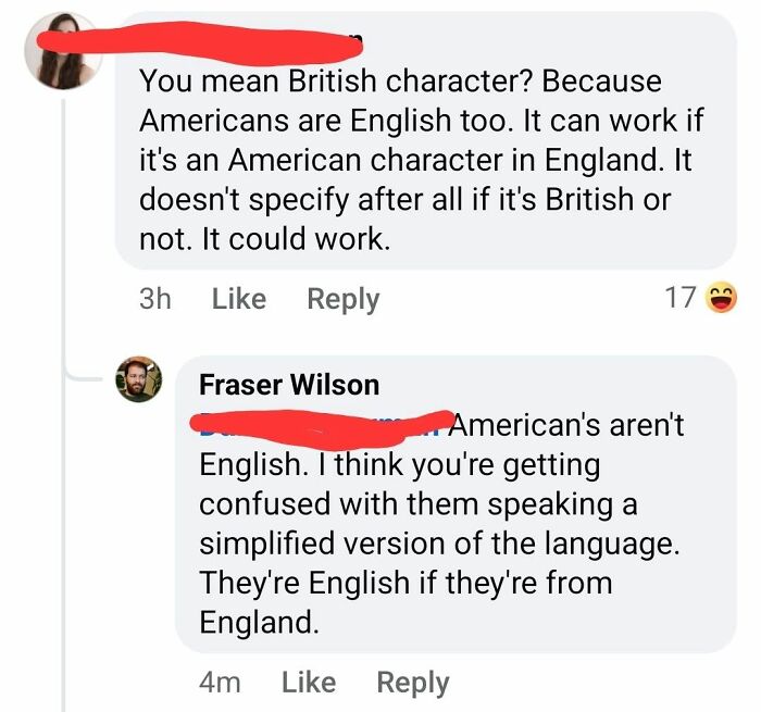 A social media screenshot displaying iconic self-burns about British and American characters.