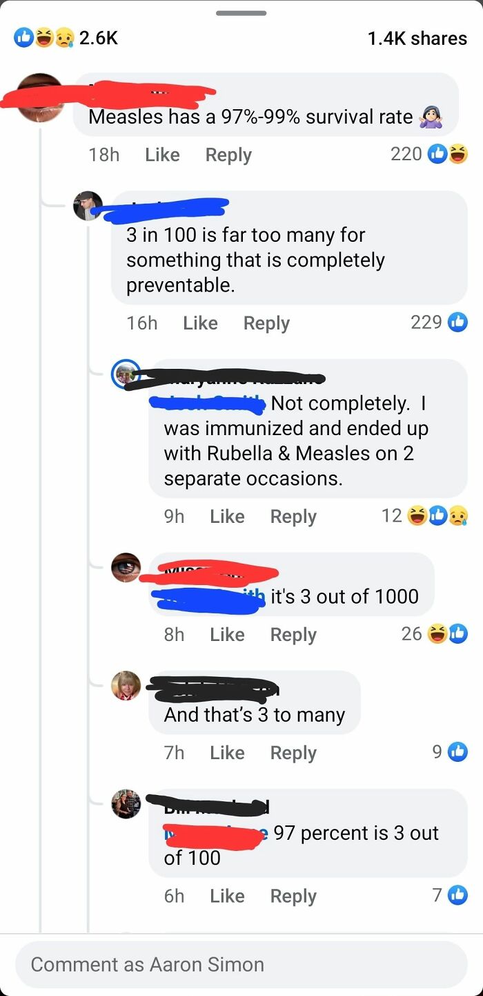 A social media conversation featuring iconic self-burns, demonstrating a misunderstanding of percentages and math related to measles survival rates.