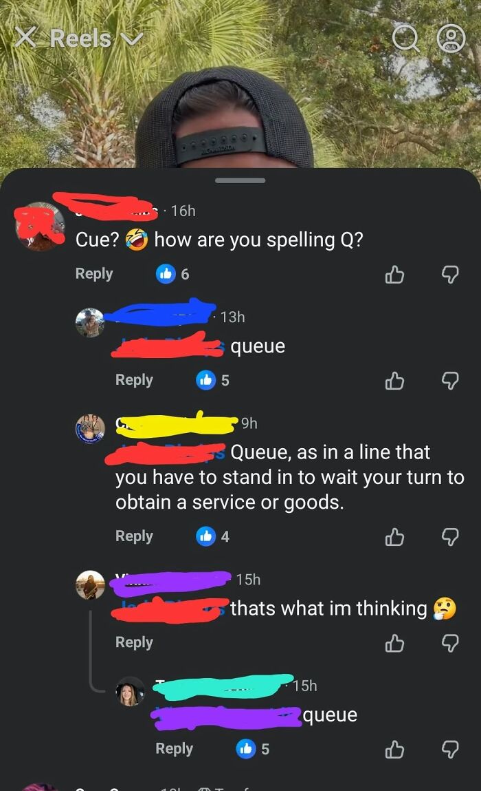 A social media thread highlighting iconic self-burns with users struggling to spell the word 'queue', leading to humorous corrections.