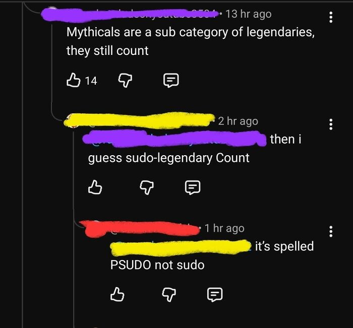 A social media comment section with iconic self-burns, focusing on a user correcting the spelling of 'pseudo' in a discussion about legendary categories.