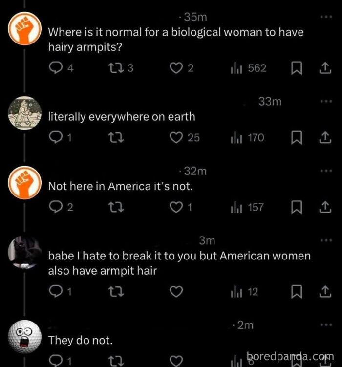 A social media post with a person making a self-burn about women having armpit hair.