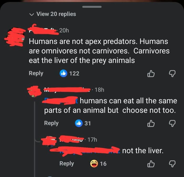 A social media screenshot showing iconic self-burns about human diet and being apex predators.